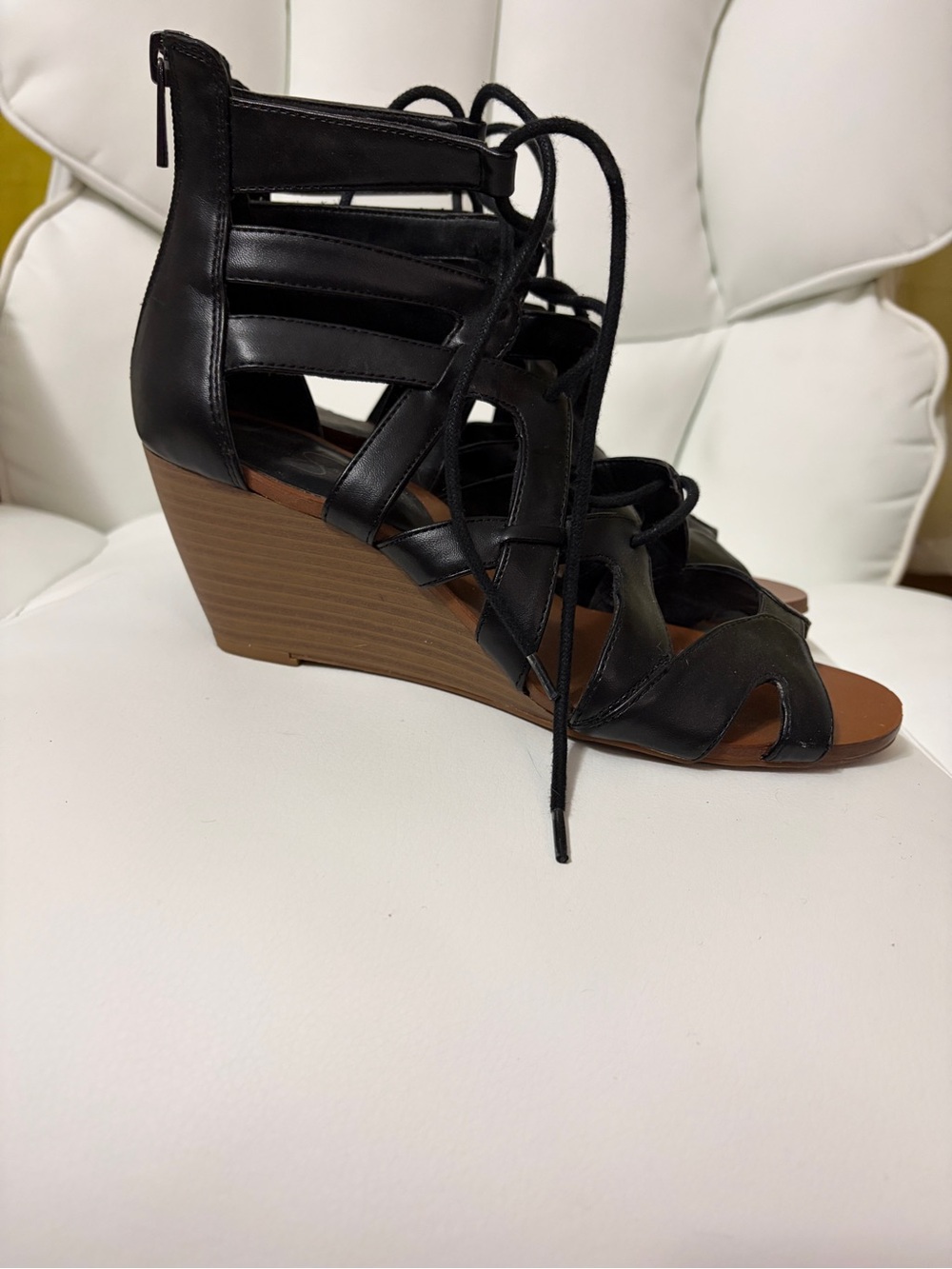 Black Lace-Up Wedge Sandals - Women